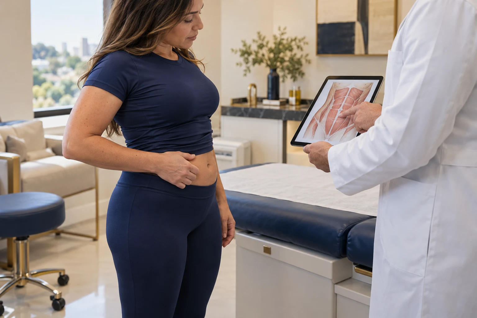 Cena ilustrativa de planejamento clínico antes da abdominoplastia